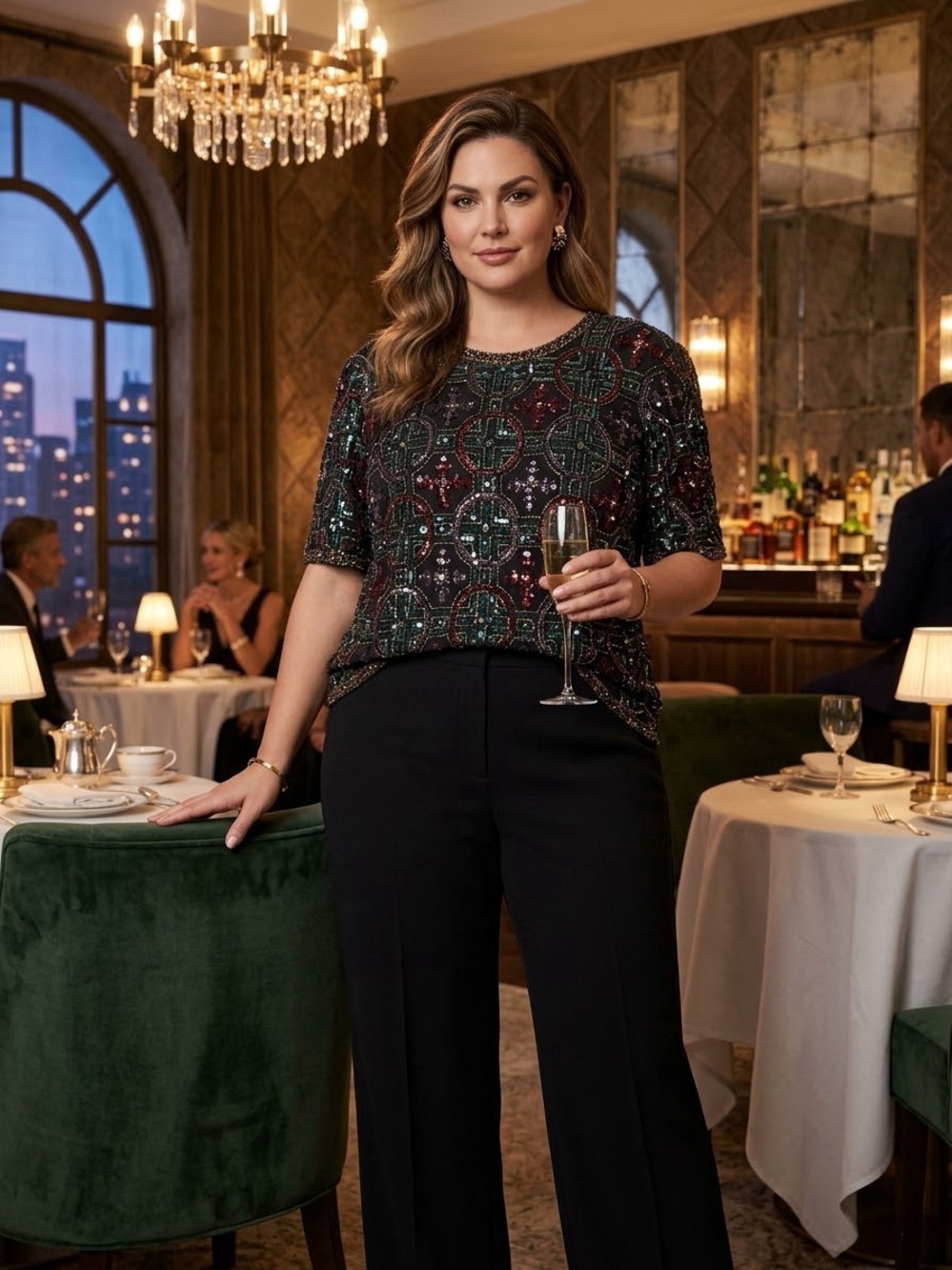 Scala Black Short Sleeve Beaded Geometric Top